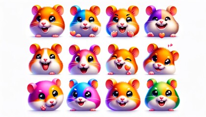 A set of hamsters icons, each designed in a vibrant and stylized emoji style.Adorable Array of Stylized Hamster Emojis Radiate Joy with their Vivid Colors and Expressive Faces.