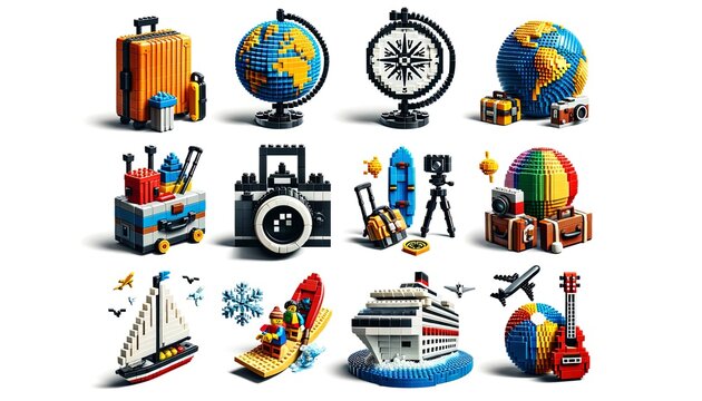 Set of Travel and Adventure-Themed Building Lego Blocks Icons. Intricately constructed from building blocks. The set includes a colorful globe, a camera, a guitar, and various modes of transportation