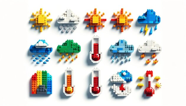 Lego Building Blocks and Bricks Weather Icons Set. Against a White Background. Interlocking Bricks Forming Sun, Clouds, Rain, and Temperature Symbols