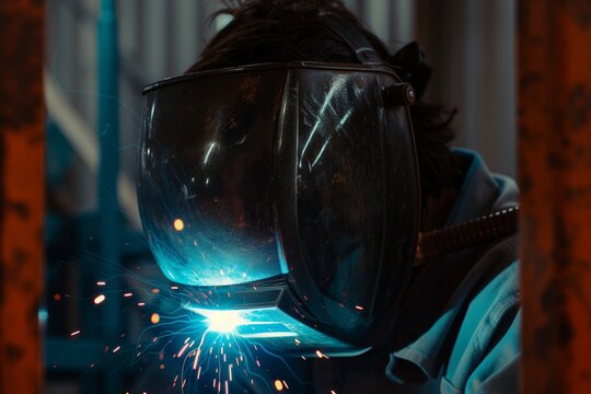 welder with a visor down, focusing on joining metal parts