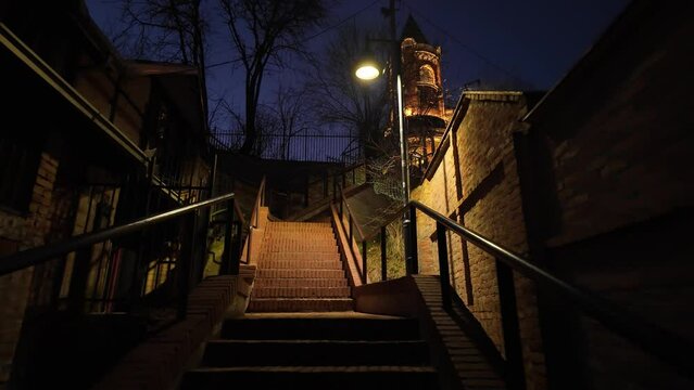 Gardos tower staircase in Zemun municipality, city of Belgrade, Serbia, blue hour evening cityscape.