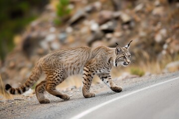 Obraz premium bobcat cautiously crossing a road by a rocky hillside