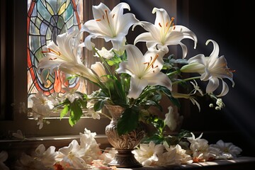 An elegant composition of Easter lilies arranged at a church altar.