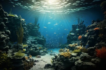 A vibrant underwater scene showcasing a coral reef and marine life.