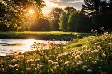 Wildflowers by a riverbank catching the evening sun's golden glow.