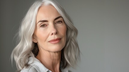 Fototapeta premium portrait of beautiful mature woman with white hair on gray background, copy space