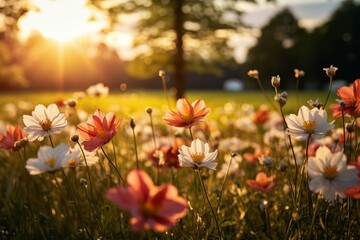 Cosmos flowers blooming with a warm sunset backlight - obrazy, fototapety, plakaty