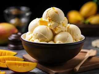 Colorful Fresh Fruity Sweet Dessert Ice Cream Bowl On The Table, Butter Creamy Cone Ice Cream, Chocolate Chip Cookies, Mango, Mint, Strawberry, Maple, Moose, Pistachio Ice Cream Splash Background