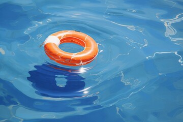 Orange lifebuoy adrift on the serene blue waters, representing safety and security.