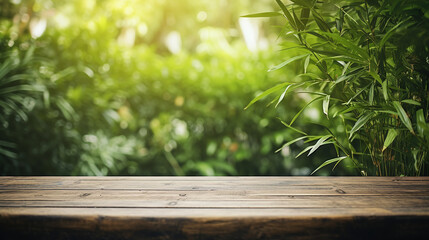 Wooden table and Japanese bamboo section background. Ai generate.