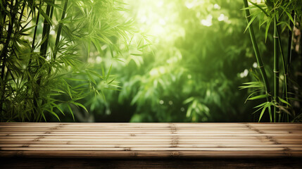 Wooden table and Japanese bamboo section background. Ai generate.
