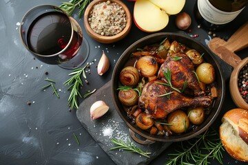 Coq au Vin with Bordeaux Flat Lay

