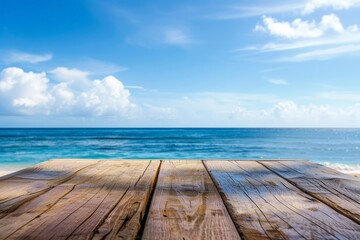 Fototapeta premium Background, Empty rustic wooden table and summer sea background with copy space for your product