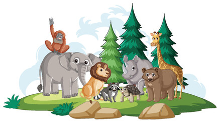 Group of diverse animals standing together outdoors