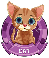 Cute brown tabby kitten inside a purple emblem