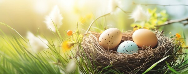 Nest with easter eggs in grass on a sunny spring day - Easter decoration, banner, panorama, background