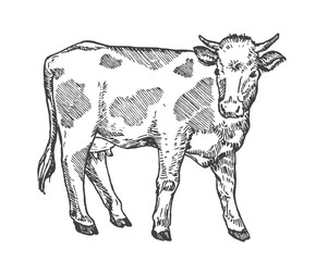 Adult Cow Hand Drawn Vector Cattle Illustration. Domestic Animal Sketch. Engraving Style Drawing Isolated