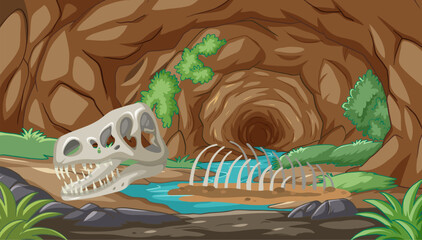 Vector illustration of dinosaur skeleton in a cave © blueringmedia