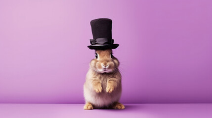 Cute Bunny rabbit wearing a magician's hat while performing in a magic show. Copy space. space for text