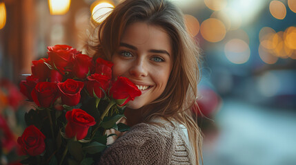 Happy businesswoman receives congratulations with red roses after a successful business deal.
