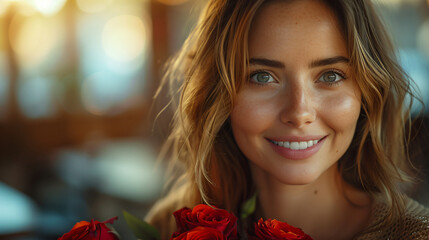 Naklejka premium Happy businesswoman receives congratulations with red roses after a successful business deal.