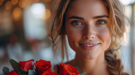 Happy businesswoman receives congratulations with red roses after a successful business deal.