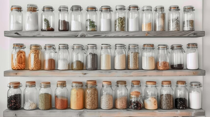  shelves filled with glass jars filled with spices and spices  in kitchen home design