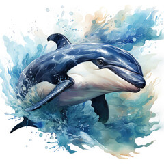 Watercolor illustration whale with wave background art wallpaper, print, poster, wall painting, interior - generative AI