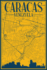 Yellow and blue hand-drawn framed poster of the downtown CARACAS, VENEZUELA with highlighted vintage city skyline and lettering