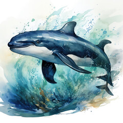 Obraz premium Watercolor illustration whale with wave background art wallpaper, print, poster, wall painting, interior - generative AI