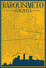 Yellow and blue hand-drawn framed poster of the downtown BARQUISIMETO, VENEZUELA with highlighted vintage city skyline and lettering