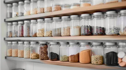 Fototapeta na wymiar shelves filled with glass jars filled with spices and spices in kitchen home design. 