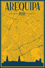 Yellow and blue hand-drawn framed poster of the downtown AREQUIPA, PERU with highlighted vintage city skyline and lettering