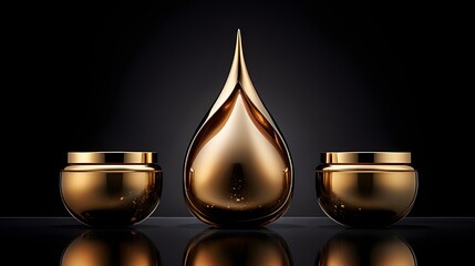 Luxurious cosmetic jars in the shape of a golden drop. - obrazy, fototapety, plakaty