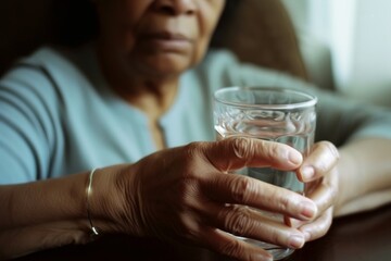 Woman drinking water from a glass with hands stretched out, parkinson picture