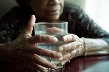 Woman drinks water from glass with stretched hands, parkinson concept