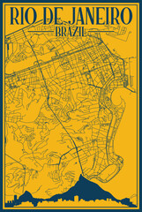 Yellow and blue hand-drawn framed poster of the downtown RIO DE JANEIRO, BRAZIL with highlighted vintage city skyline and lettering