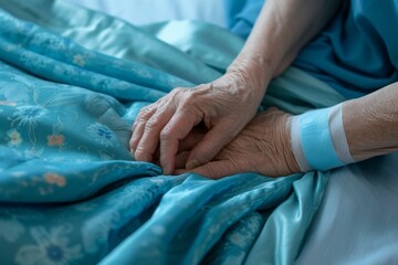 Nurse touching elderly patient hand in a comforting gesture, people living with parkinson picture