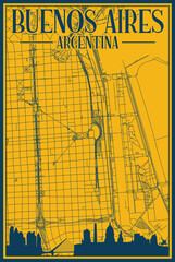 Yellow and blue hand-drawn framed poster of the downtown BUENOS AIRES, ARGENTINA with highlighted vintage city skyline and lettering