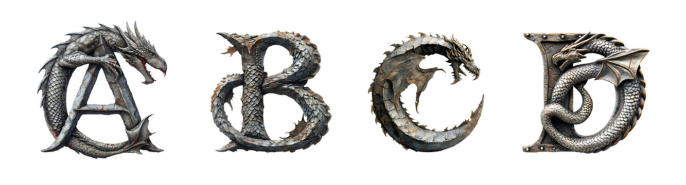 Letters A, B, C, D in dragon style. Unusual fantasy font on the transparent background.