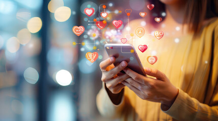 Close-up of a woman's hands holding a smartphone with heart emojis floating above, symbolizing social media interaction. - obrazy, fototapety, plakaty
