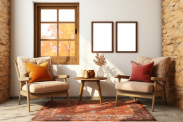 A PNG file presented within two mockups featuring dark wood frames, situated in a sunlit and cozy tea room, creating a warm and inviting atmosphere ideal for showcasing designs or artwork.
