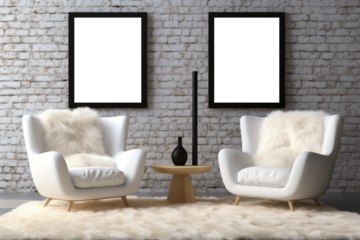 A PNG file showcased within two mockups featuring black frames, mounted on a white brick wall, creating a modern and stylish setting for presenting designs or artwork.