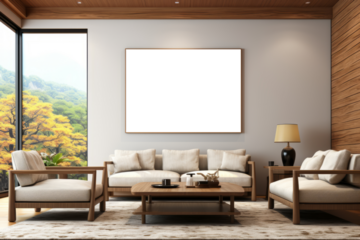 A PNG file displayed as a large mockup on a white wall within a living room boasting a scenic view, providing a spacious and serene backdrop for showcasing designs or artwork.