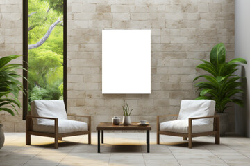 A PNG file depicting a blank canvas showcased on a wall, accompanied by two armchairs, offering a cozy and inviting setting for presenting designs or artwork.