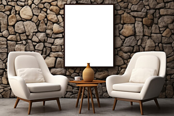 A mockup displayed with a dark wood frame against a stone wall, accompanied by two armchairs, creating a rustic and cozy ambiance ideal for presenting designs or artwork.