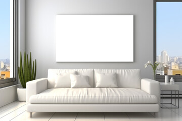 A substantial mockup featuring a thin white frame, set within a minimalist environment characterized by an all-white interior, offering a clean and sleek backdrop.
