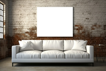 A sizable mockup positioned on a weathered brick wall, situated above a white couch, creating a striking contrast between the industrial backdrop and the minimalist furniture.