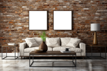 Two mockups displayed on a rustic brick wall within a lounge setting, blending modern presentation with traditional elements, creating a charming and textured backdrop.