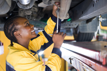 A woman in uniform working underneath a car that is lifted on a hydraulic lift rack, in an automotive repair shop. The mechanic holding wrench tool securing or loosening a component under the vehicle.